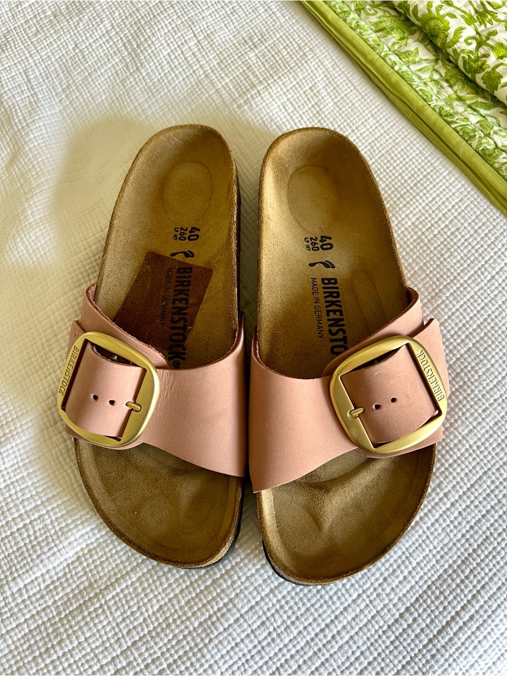 Birkenstock Single Strap Slide Sandals in Brown with Gold Buckles
